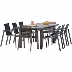 Ensemble repas de jardin en aluminium gris anthracite, composé d'une table à rallonge automatique avec plateau céramique aspe ...