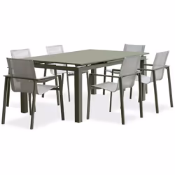 Ensemble repas de jardin en aluminium kaki composé d'une table avec rallonge automatique et de 6 fauteuils empilables en toil ...