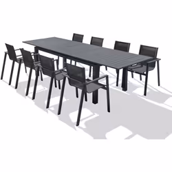 Ensemble repas de jardin en aluminium gris anthracite composé d'une table avec rallonge automatique et de 8 fauteuils empilab ...