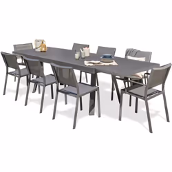 Ensemble repas de jardin composé d'une table en aluminium gris anthracite, de 6 chaises empilables et de 2 fauteuils empilabl ...