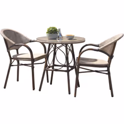 Description générale Ensemble repas de jardin en aluminium marron, comprenant un guéridon rond avec plateau en verre et deux  ...