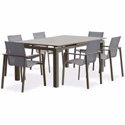 Ensemble repas de jardin en aluminium taupe composé d'une table à rallonge automatique et de 6 fauteuils empilables en toile  ...