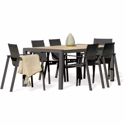 Ensemble repas de jardin en alu anthracite, composé d'une table fixe avec plateau céramique beige aspect pierre naturelle et  ...