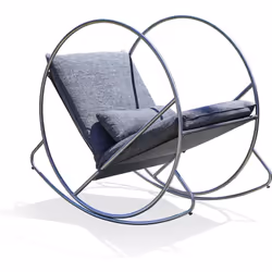 Fauteuil à bascule de jardin en toile plastifiée grise et structure inox. Coussin d'assise gris anthracite déhoussable. DIMEN ...