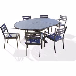 Ensemble repas de jardin composé d'une table ovale à rallonge en aluminium gris anthracite et de 6 fauteuils empilables en al ...