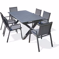 Ensemble repas composé d'une table en aluminium gris anthracite avec rallonge automatique et de 6 fauteuils empilables en tex ...