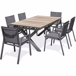 Ensemble repas composé d'une table en aluminium gris anthracite et table HPL imitation bois avec ralonge automatique et 6 fau ...