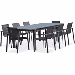 Ensemble repas de jardin en aluminium gris anthracite composé d'une table à rallonge automatique et de 8 fauteuils empilables ...