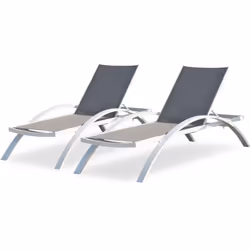 Lot de 2 bains de soleil en aluminium blanc et toile plastifiée taupe. Bains de soleil empilables avec dossier multi position ...