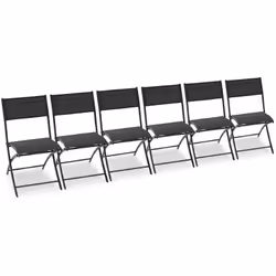 Lot de 6 chaises de jardin pliantes en aluminium et toile plastifiée noire. DIMENSIONS L 46 x l 40 x H 82 cm Hauteur sol-assi ...