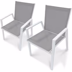 Lot de 2 fauteuils de jardin empilables en textilène taupe et aluminium blanc. DIMENSIONS L 60 x l 56 x H 86 cm