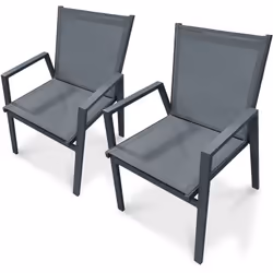 Lot de 2 fauteuils de jardin empilables en textilène et aluminium gris anthracite. DIMENSIONS L 60 x l 56 x H 86 cm