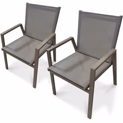 Lot de 2 fauteuils de jardin empilables en textilène et aluminium quartz. DIMENSIONS L 60 x l 56 x H 86 cm