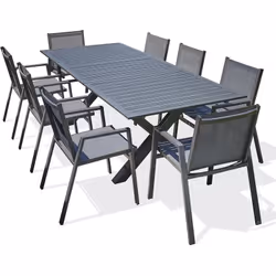 Ensemble repas composé d'une table en aluminium gris anthracite avec rallonge automatique et de 8 fauteuils empilables en tex ...