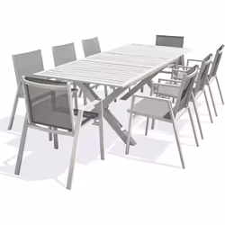Ensemble repas composé d'une table en aluminium blanc avec rallonge automatique et de 8 fauteuils empilables en textilène tau ...
