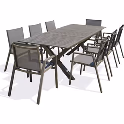 Ensemble repas composé d'une table en aluminium quartz avec rallonge automatique et de 8 fauteuils empilables en textilène et ...