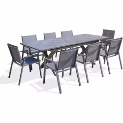 Ensemble repas composé d'une table en aluminium gris anthracite et plateau en céramique avec rallonge et de 8 fauteuils empil ...