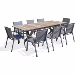Ensemble repas composé d'une table en aluminium gris anthracite et table HPL imitation bois avec ralonge automatique et 8 fau ...