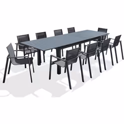 Ensemble repas de jardin en aluminium gris anthracite composé d'une table avec rallonge automatique et de 10 fauteuils empila ...