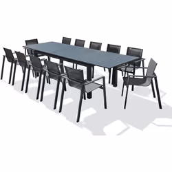 Ensemble repas de jardin en aluminium gris anthracite composé d'une table avec rallonge automatique et de 12 fauteuils empila ...
