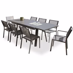 Ensemble repas de jardin composé d'une table en aluminium gris anthracite, de 6 chaises empilables et de 2 fauteuils empilabl ...
