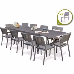 Ensemble repas de jardin composé d'une table en aluminium gris anthracite, de 10 chaises empilables et de 2 fauteuils empilab ...