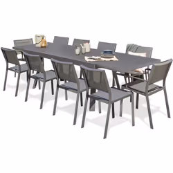 Ensemble repas de jardin composé d'une table en aluminium gris anthracite, de 8 chaises empilables et de 2 fauteuils empilabl ...