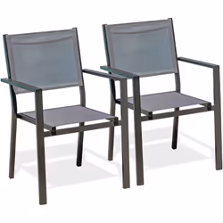 Lot de 2 fauteuils de jardin empilables en aluminium gris anthracite et toile plastifiée grise. DIMENSIONS L 56 x l 56 x H 87 ...