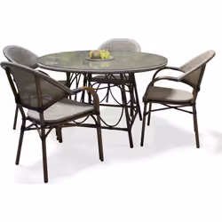 Description générale Ensemble repas de jardin en aluminium marron, comprenant une table ronde avec plateau en verre et quatre ...