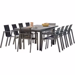 Ensemble repas de jardin en aluminium gris anthracite, composé d'une table à rallonge automatique avec plateau céramique aspe ...