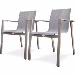 Lot de 2 fauteuils de jardin empilables en toile plastifiée taupe et structure aluminium taupe. DIMENSIONS L 58 x l 58 x H 84 ...