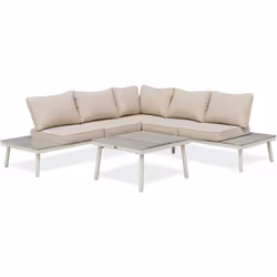 Salon de jardin d'angle 5 places en aluminium blanc et aluminium aspect bois grisé, composé d'une table basse avec plateau et ...