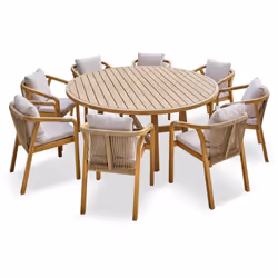 Ensemble repas de jardin certifié FSC® 100% en bois d'acacia composé d'une table ronde et de 8 fauteuils avec une structure c ...