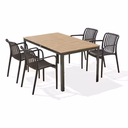 Ensemble repas composé d'une table en aluminium gris anthracite avec plateau en polywood imitation bois et de 4 fauteuils de ...