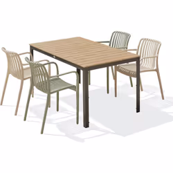 Ensemble repas composé d'une table en aluminium gris anthracite avec plateau en polywood imitation bois et de 4 fauteuils de ...