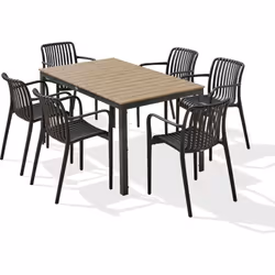Ensemble repas composé d'une table en aluminium gris anthracite avec plateau en polywood imitation bois et de 6 fauteuils de ...