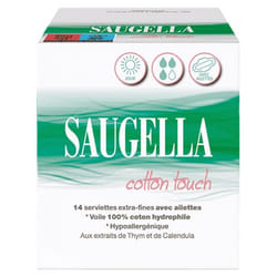 Saugella Cotton Touch Jour 14 Serviettes Extra-Fines avec Ailettes