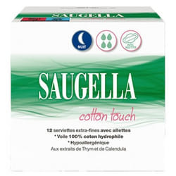 Saugella Cotton Touch Nuit 12 Serviettes Extra-Fines avec Ailettes