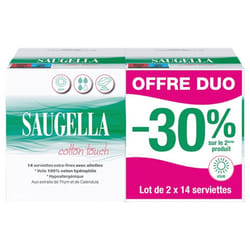 Saugella Cotton Touch Jour Lot de 2 x 14 Serviettes Extra-Fines avec Ailettes