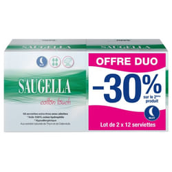 Saugella Cotton Touch Nuit Lot de 2 x 12 Serviettes Extra-Fines avec Ailettes
