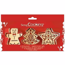 Emportes-pièces + embosseurs pâtisserie - Scrapcooking - Noël - 6 pcs - Inox - Bois naturel
