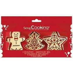 Emportes-pièces + embosseurs pâtisserie - Scrapcooking - Noël - 6 pcs - Inox - Bois naturel