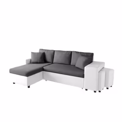 Canapé dangle droit convertible Gris/Blanc avec coffre et poufs OSLO
