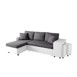 Canapé dangle droit convertible Gris/Blanc avec coffre et poufs OSLO