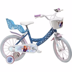 Vélo enfant fille 16 Reine des Neiges / Frozen équipé de 2 freins + Porte Poupée - Panier avant - Stabilisateurs.