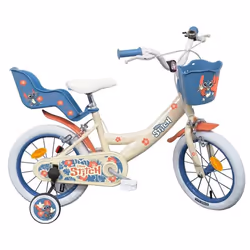 Vélo enfant 14 STITCH / DISNEY (Taille de lenfant 90 cm à 105 cm) équipé de 2 freins panier porte poupée et stabilisateurs.
