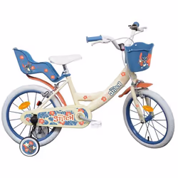 Vélo enfant 16 STITCH / DISNEY (Taille de lenfant 100 cm à 125 cm) équipé de 2 freins panier porte poupée et stabilisateurs.