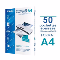 Pochettes de plastification épaisses 125 microns par face - Format A4 - Pack de 50
