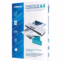 WAYTEX Pack de 100 feuilles de plastification A4 75 microns finition brillante transparente