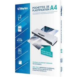 WAYTEX Pack de 100 feuilles de plastification A4 75 microns finition brillante transparente